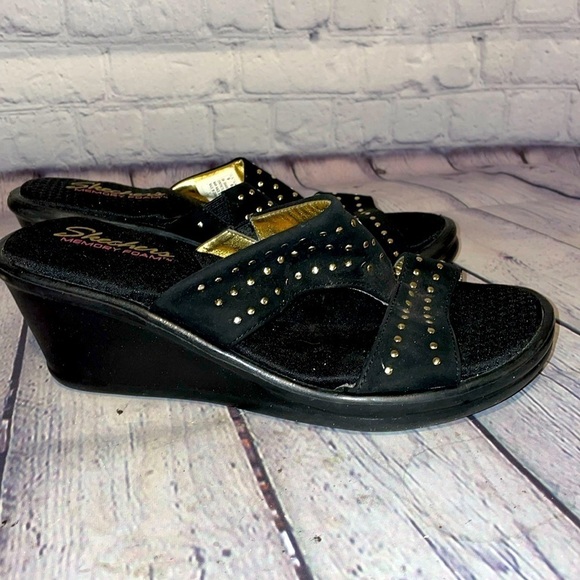 Skechers, black wedge sandals, size 9 - Picture 1 of 7